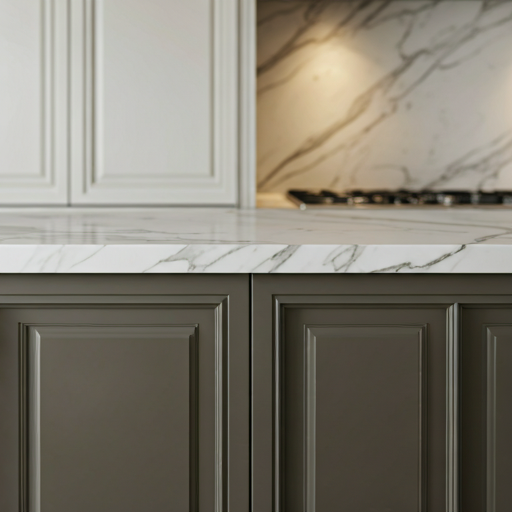 Detalhe de cozinha de alto padrão com bancada de mármore e marcenaria personalizada