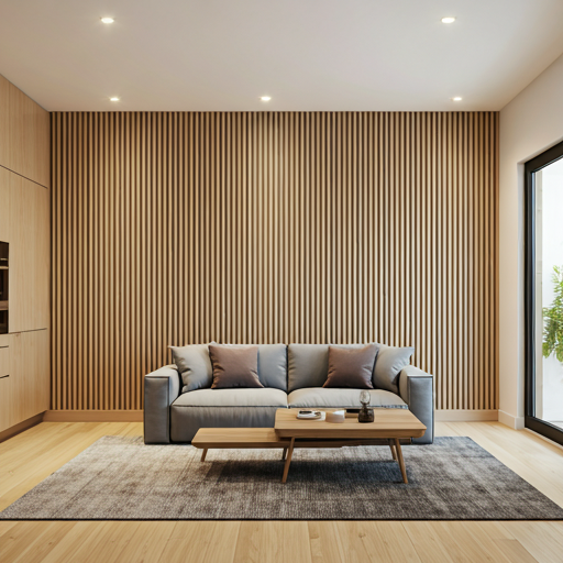 Sala de estar integrada à cozinha moderna com painéis ripados de madeira e iluminação indireta quente