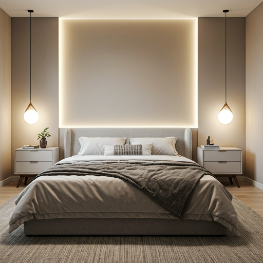 Quarto master aconchegante com tons neutros suaves e iluminação indireta criando atmosfera de paz